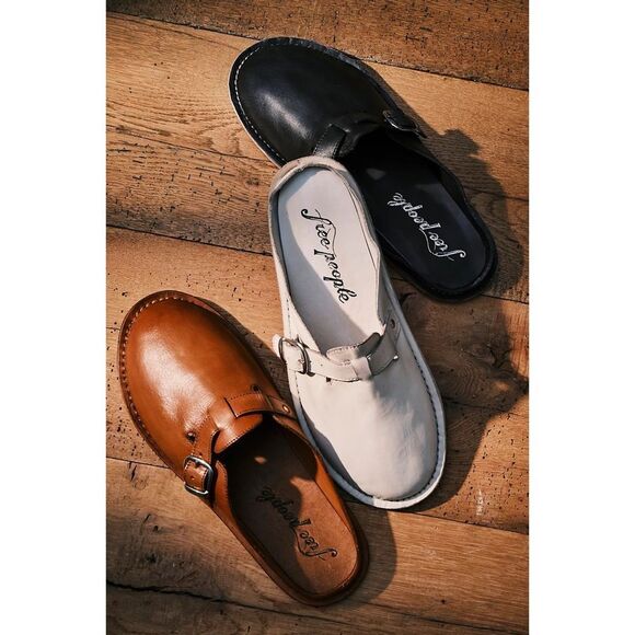 Free People Benson Dual Insert Leather Buckle Mules Clogs Slip Ons Faux Fur Tan - Picture 5 of 5